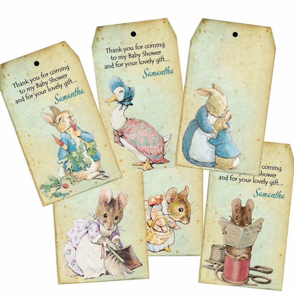 Set of 6 Beatrix Potter Peter Rabbit Personalised Tags & Ribbon