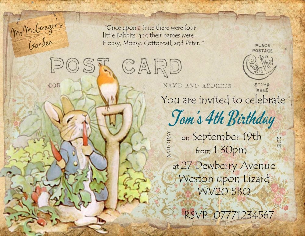 4 x Peter Rabbit Personalised Birthday/Christening Invitations & Envelopes