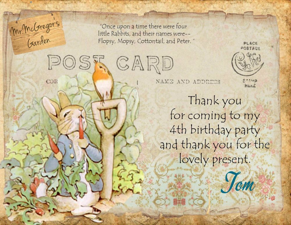 4 x Peter Rabbit Personalised Thank you Cards with Envelopes
