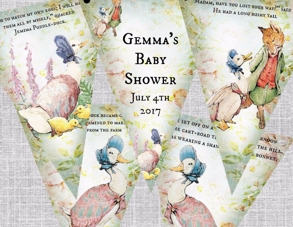 3m Personalised Beatrix Potter Jemima Puddleduck Bunting/Banner with Ribbon