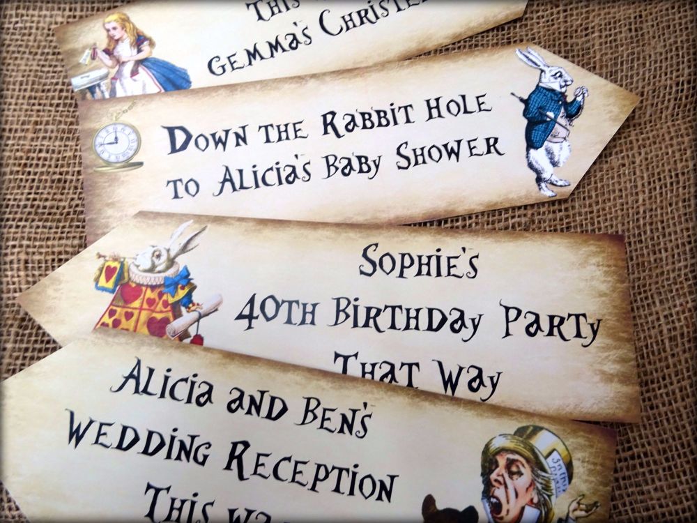 Set of 4 Personalised Alice in Wonderland Large Party Decoration Arrows