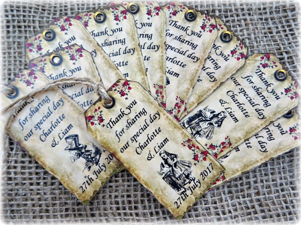 12 Personalised Alice in Wonderland 'Thank you' Gift Tags & Jute Twine