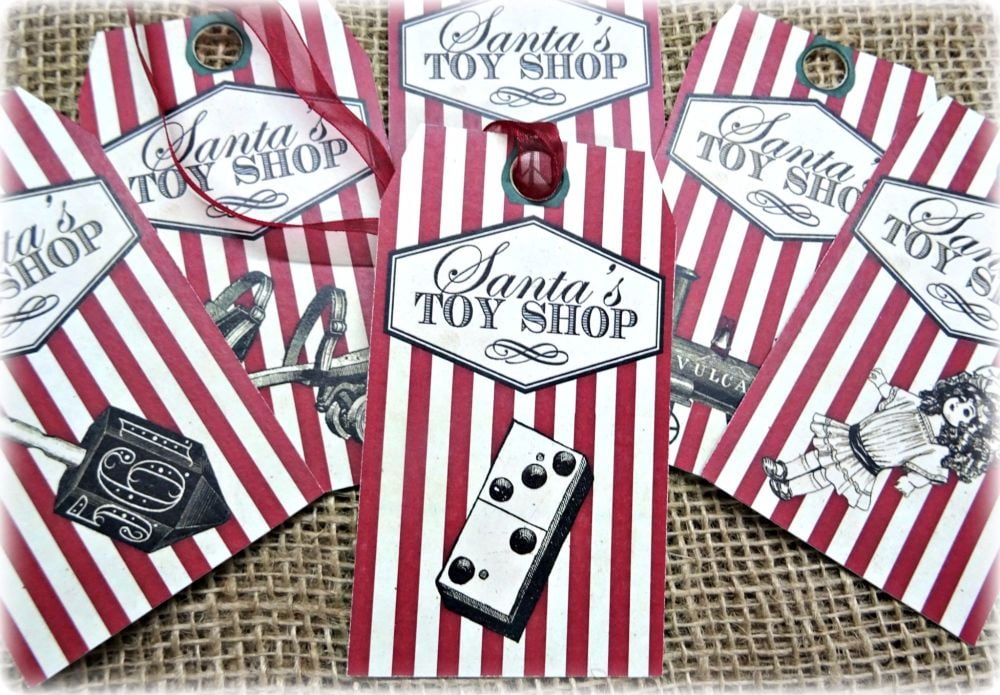 Set of 6 Large Vintage 'Santa's Toy Shop' Christmas Gift Tags & Ribbon