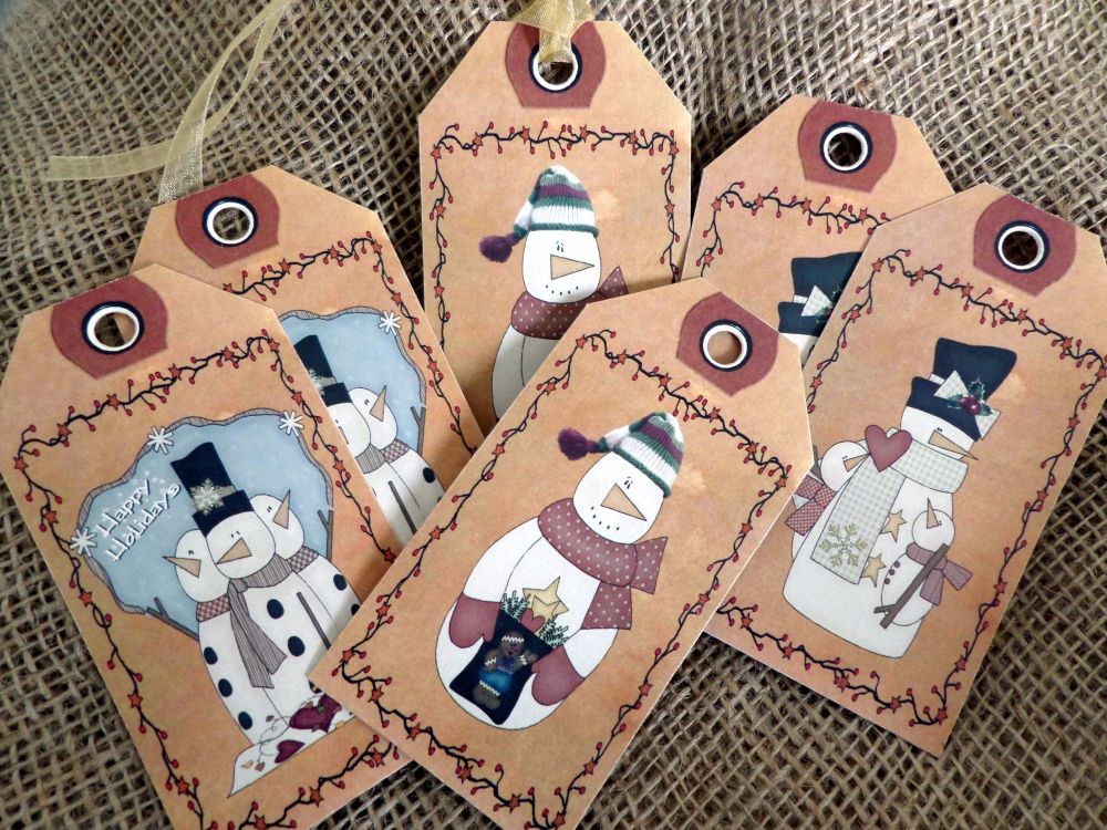 Set of 6 Large Primitive Snowmen Gift Tags and Ribbon