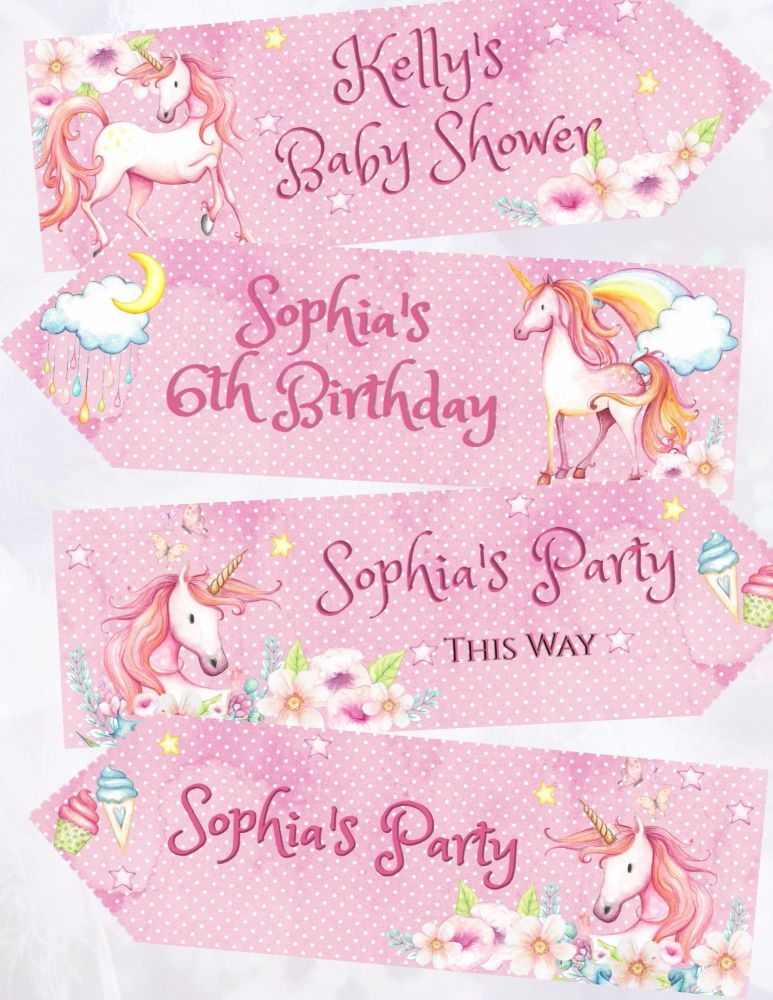 Set of 4 Fairy Tale Unicorn Personalised Large Party Decoration Arrows