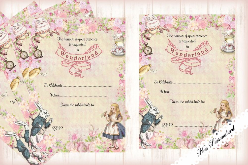 4 x Alice in Wonderland Non-Personalised Invitations with Envelopes