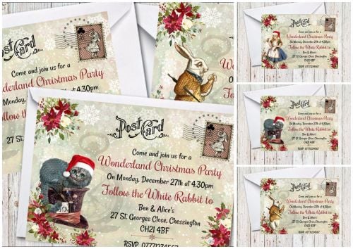 4 x Alice in Wonderland Personalised Christmas Party Invitations & Envelope