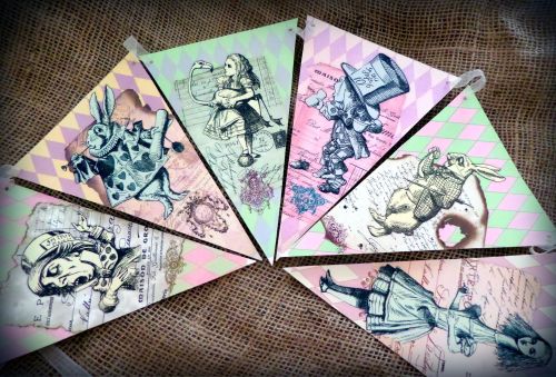 3m Vintage Style 'Alice in Wonderland' Bunting/Banner with Cream Organza Ri