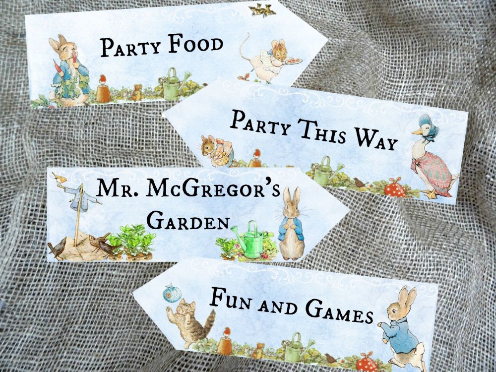 Set of 4 Blue Background Beatrix Potter Peter Rabbit Party Decoration Arrow