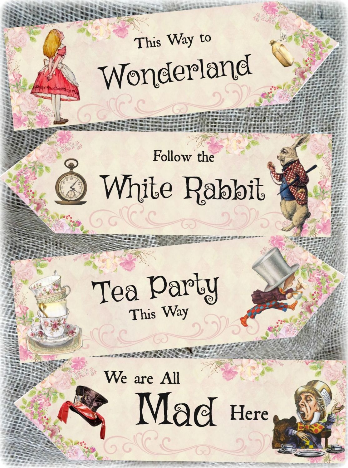 4 Alice in Wonderland Large Pink Party Decoration Arrows Signs