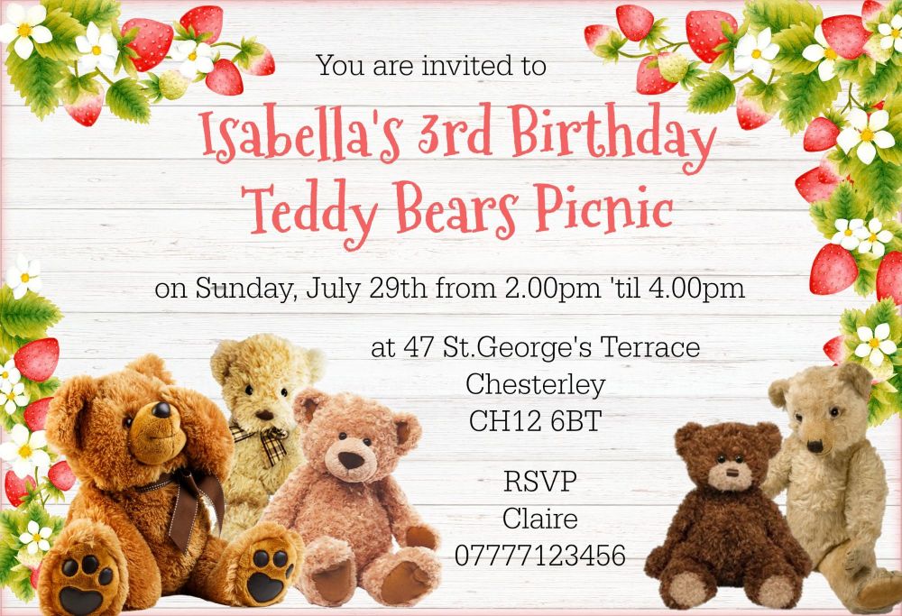 Strawberry Teddy Bear's Picnic Personalised Invitations & Envelopes
