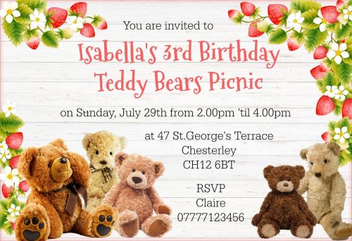 4 x Strawberry Teddy Bear's Picnic Personalised Invitations & Envelopes