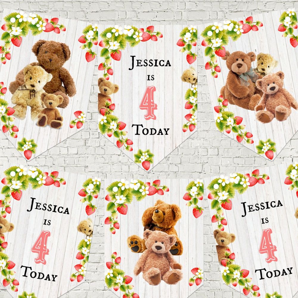 Strawberry Teddy Bear Personalised Party Bunting/Banner & Ribbon