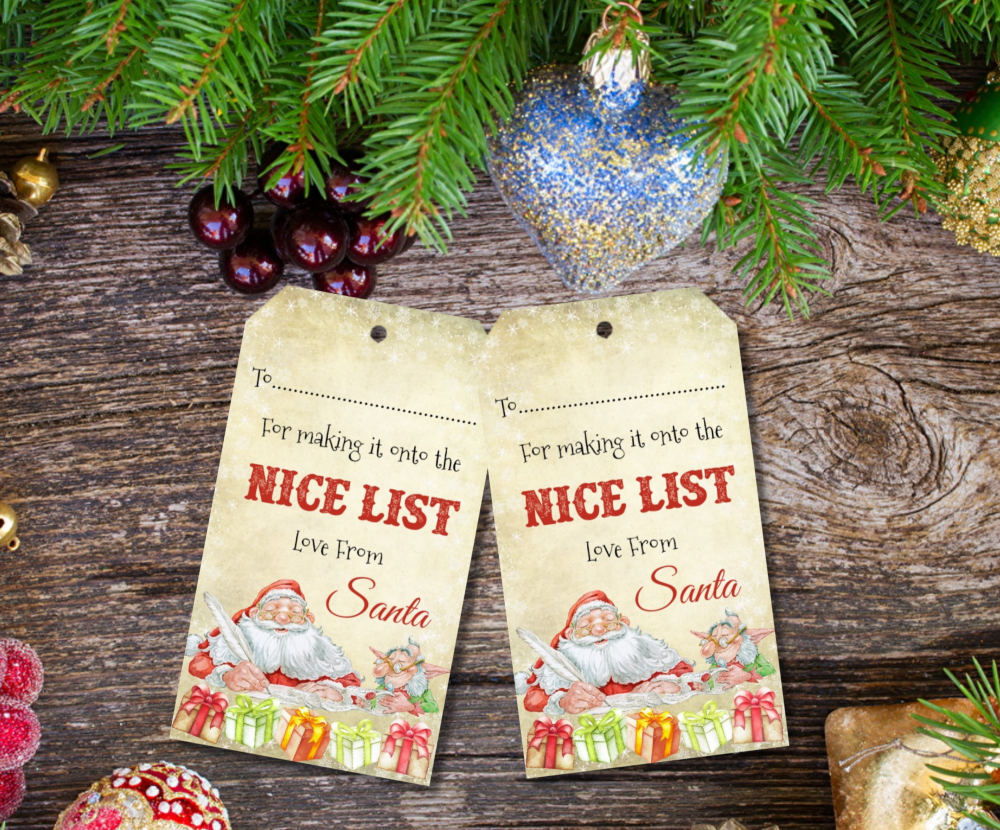 6 Christmas Santa's Nice List Gift Tags & Natural Jute Twine