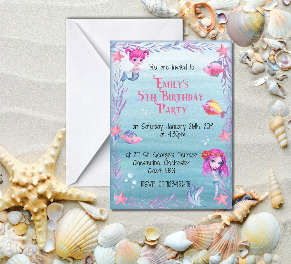 6 Mermaid Party Invitations & Envelopes