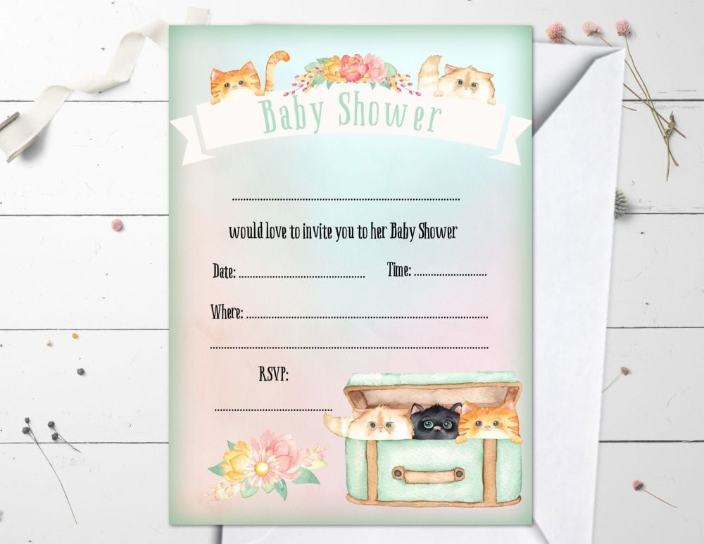 4 Peek-a-Boo Kittens Baby Shower Invitations & Envelopes