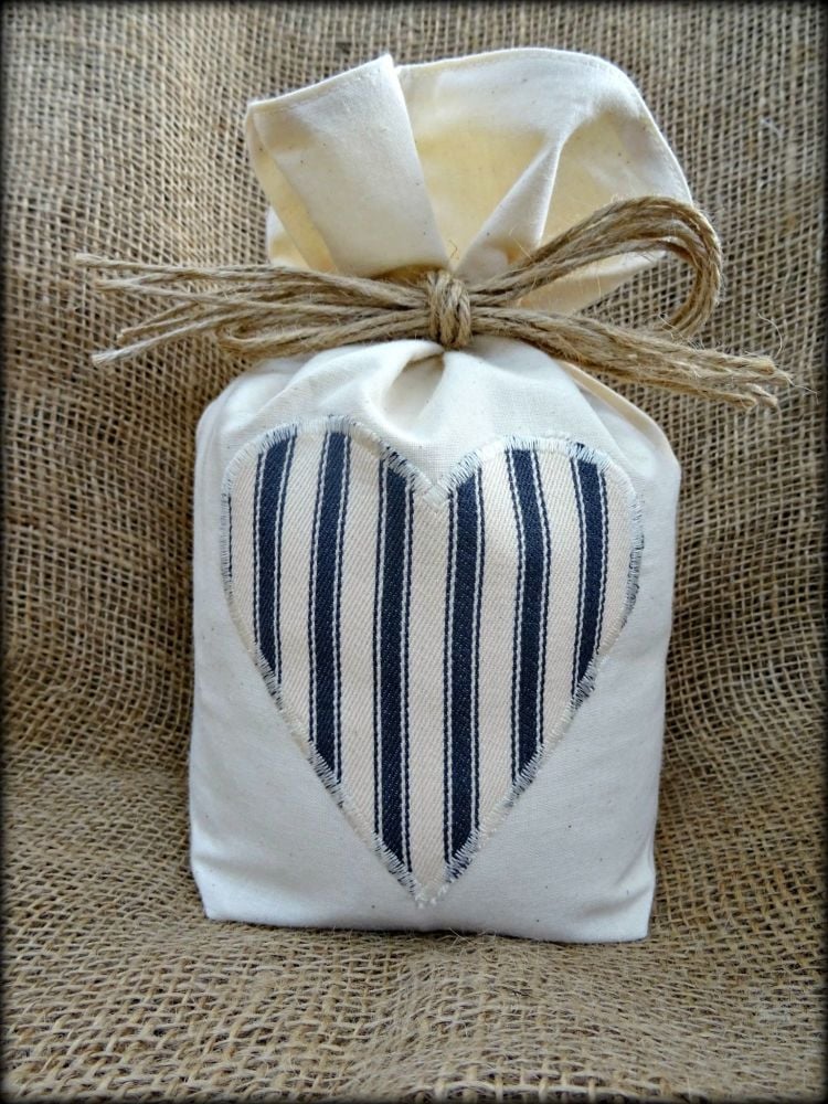 Cotton Door Stop With Charcoal Grey & Cream Ticking Striped Heart - Unfille