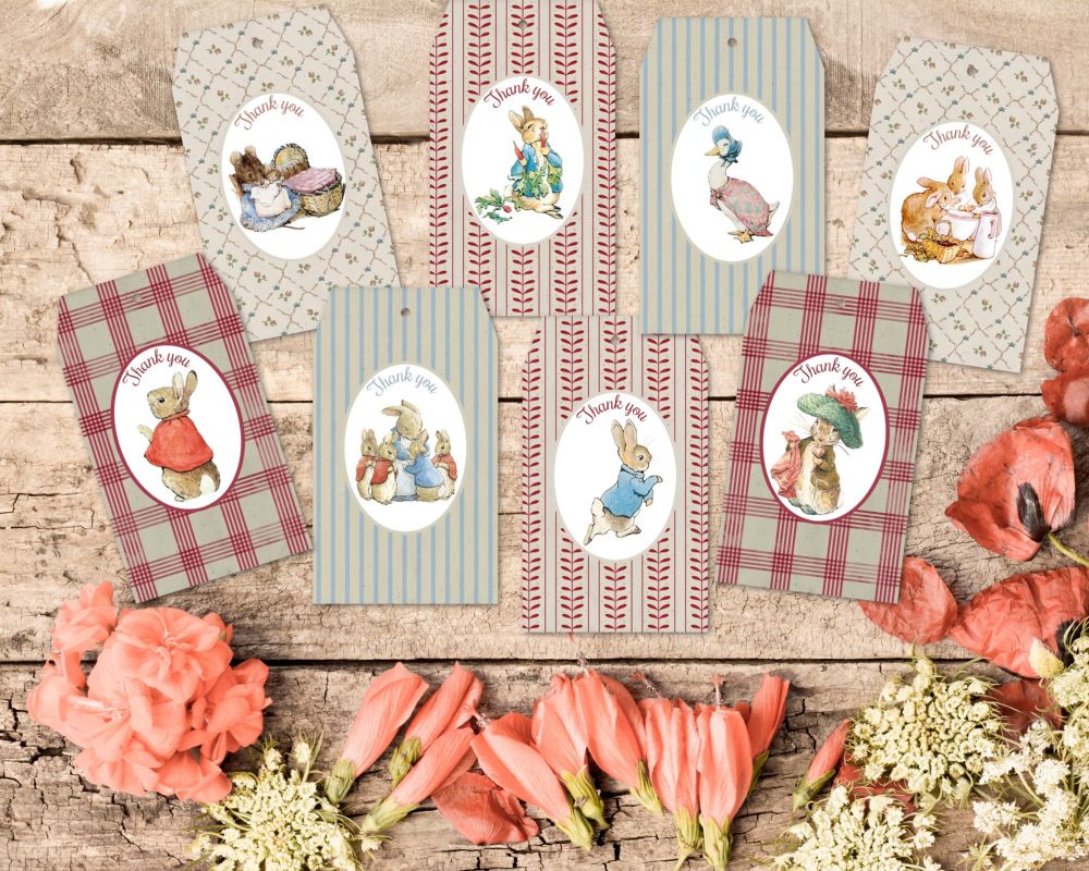 8 Vintage Style Beatrix Potter Peter Rabbit Thank you Gift Tags & Ribbon
