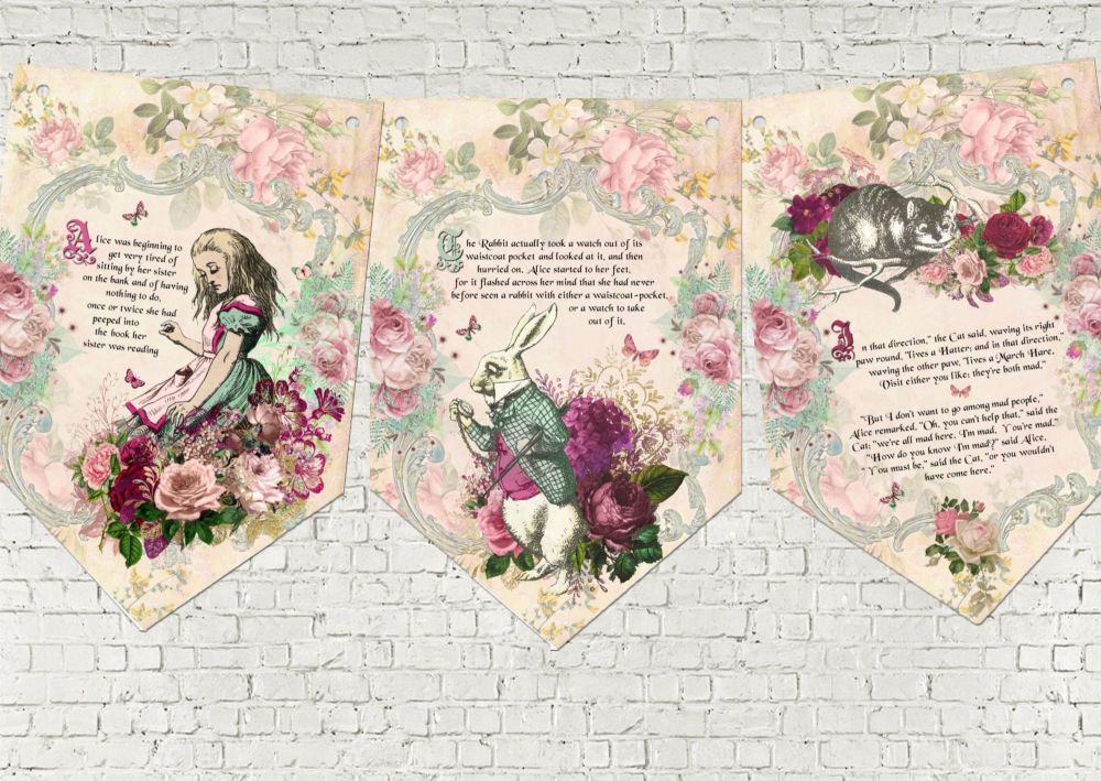 Alice in Wonderland Story Book Party Bunting/Banner & Ribbon