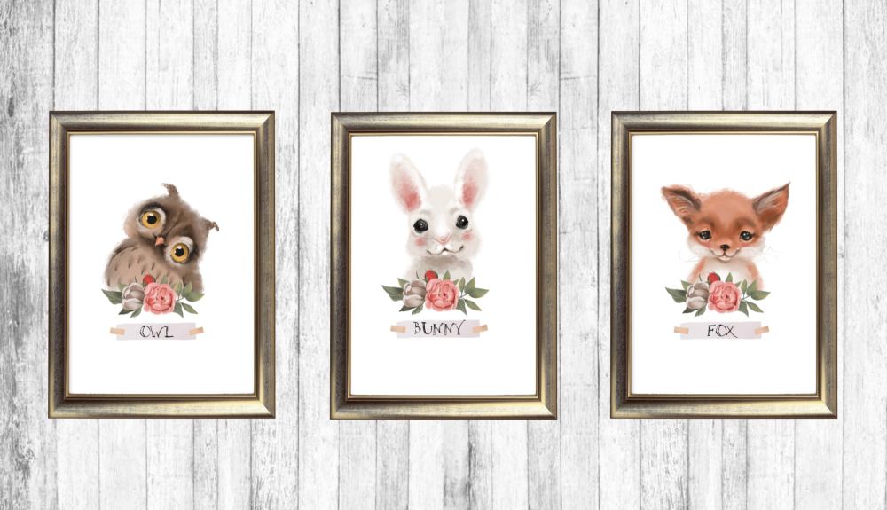 Set of 3 Woodland Forest Nursery Wall Art Print Signs - Frames Not Included