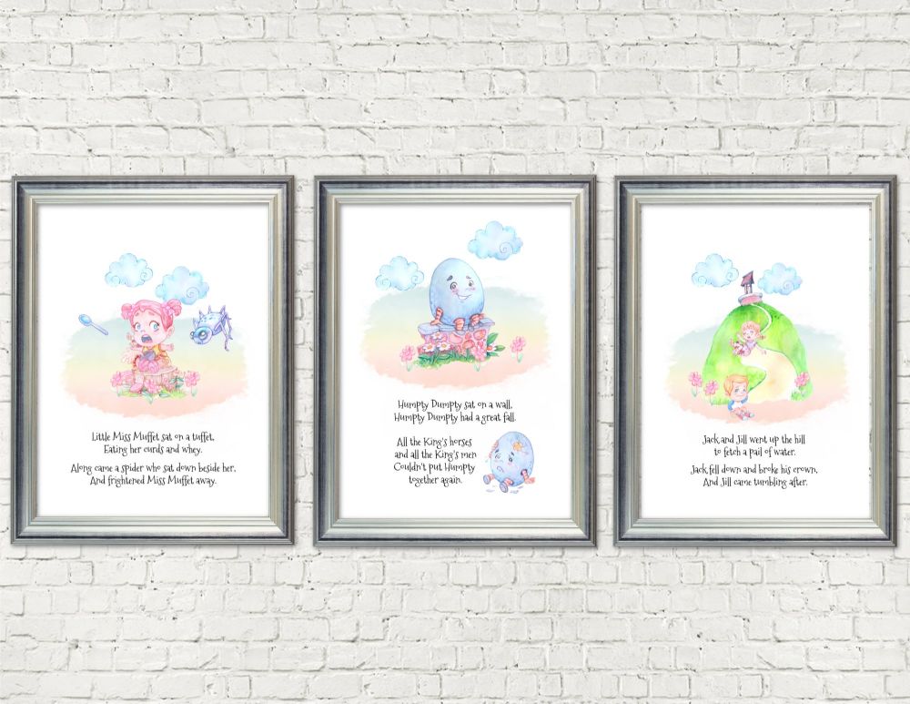 Set of 3 Nursery Rhyme A4 Card Wall Art Print Signs - Frames Not Included