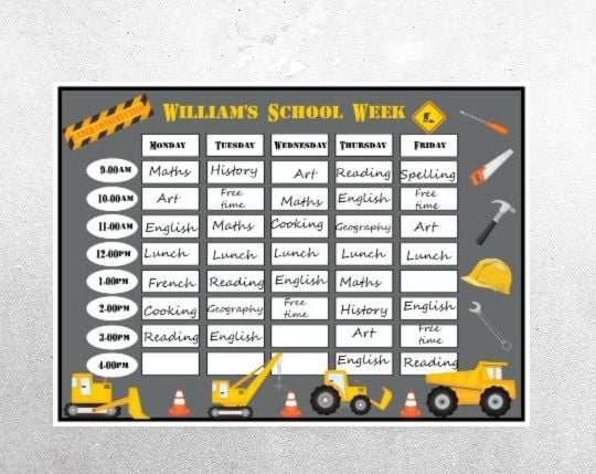 Personalised Laminated Re-usable Construction Home School Planner Schedule 