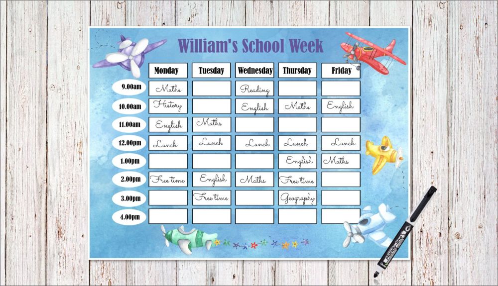 Personalised Laminated Re-usable Aeroplanes Home School Planner Schedule & Pen - A4