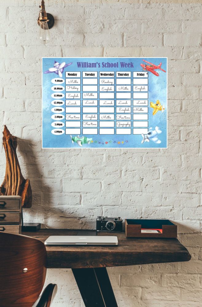 Personalised Laminated Re-usable Aeroplanes Home School Planner Schedule & Pen - A3