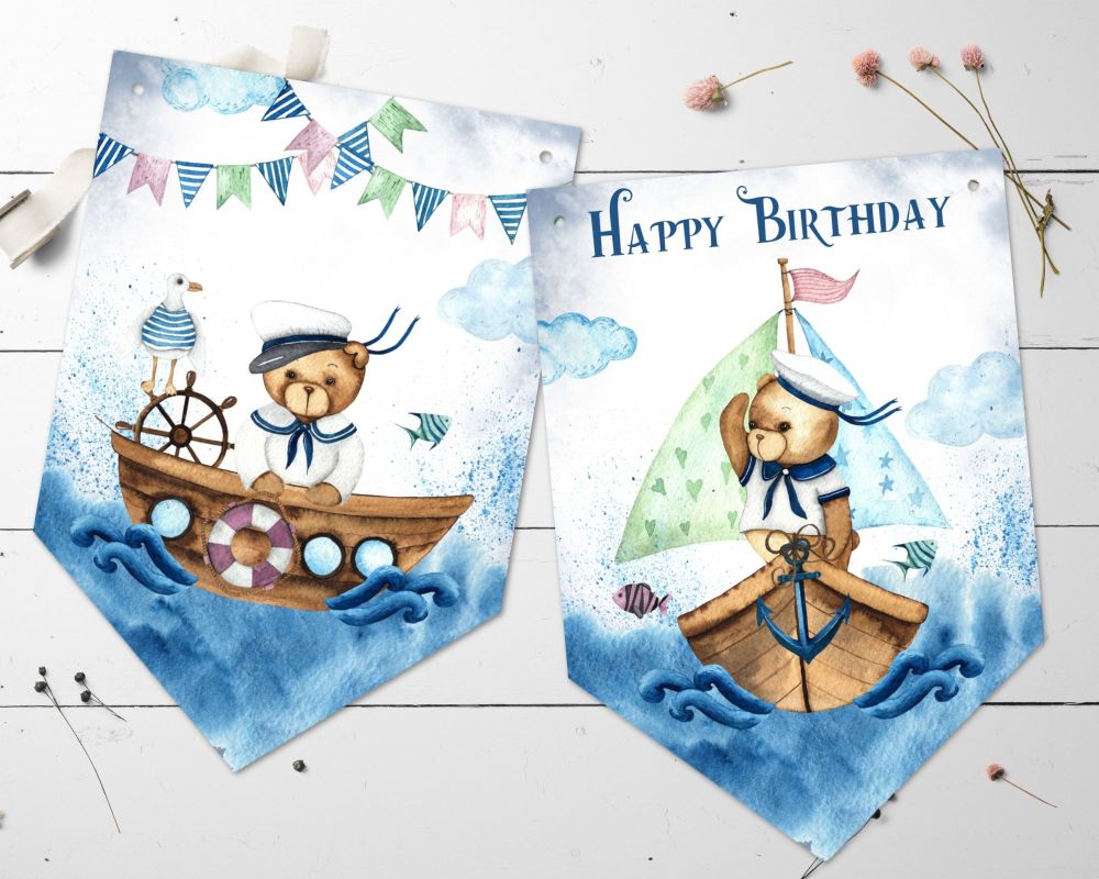 Cute Nautical Little Sailor Teddy Bear Happy Birthday Bunting & Ribbon