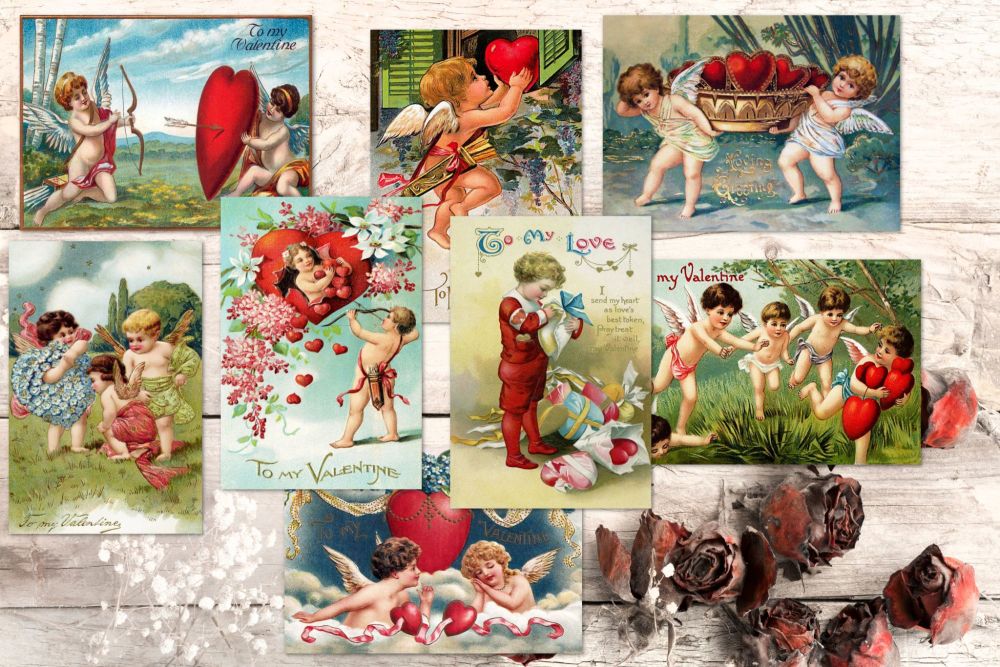 8 Vintage Valentine Cupids ATC Cards Tags Embellishments