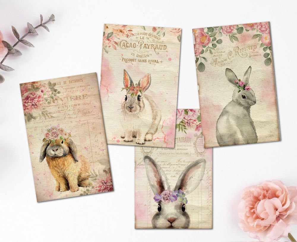 8 Easter Bunny Rose Floral ATC Tags/Toppers