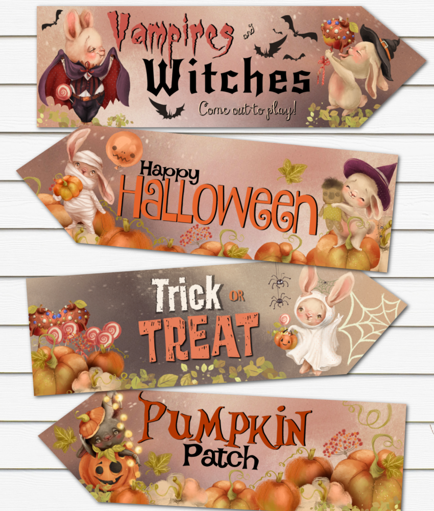 4 Pumpkins & Bunnies Halloween Party Decoration Arrow Signs
