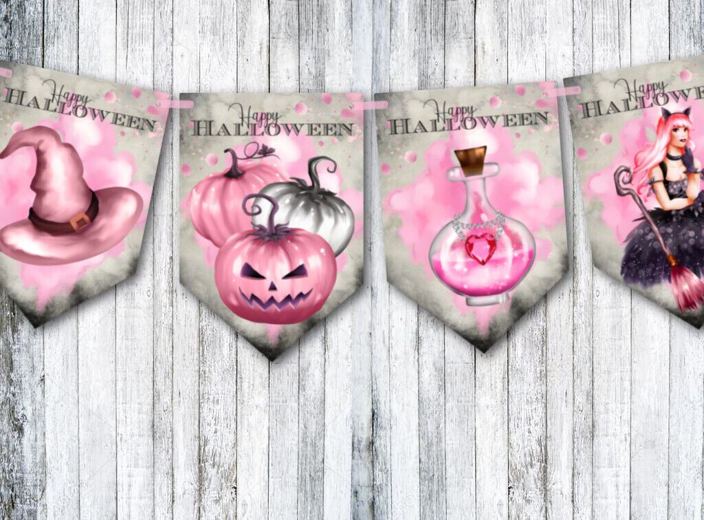 Pink Halloween Witches & Pumpkins Bunting Party Decoration & Ribbonw Produc