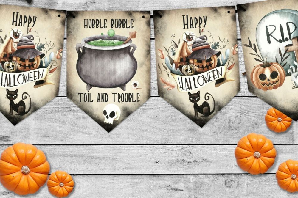 Happy Halloween Trick or Treat Pumpkins Bunting Party Decoration & Ribbon