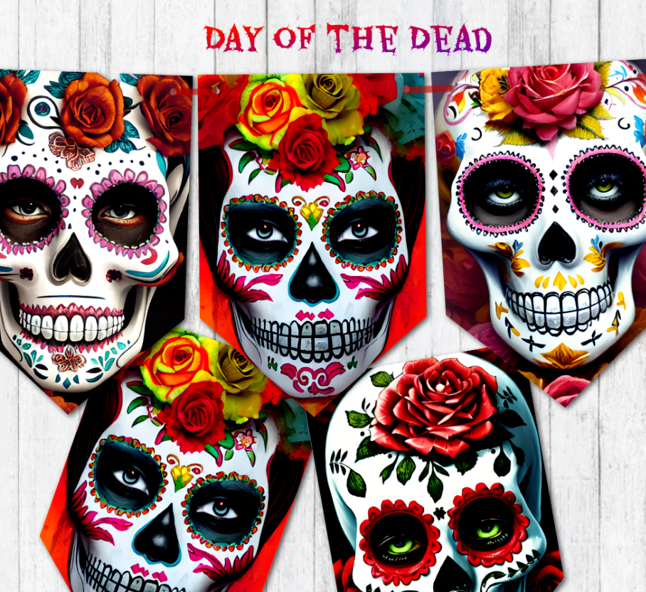 Halloween Mexican Day of the Dead Bunting Sugar Skulls Decoration & Ribbon