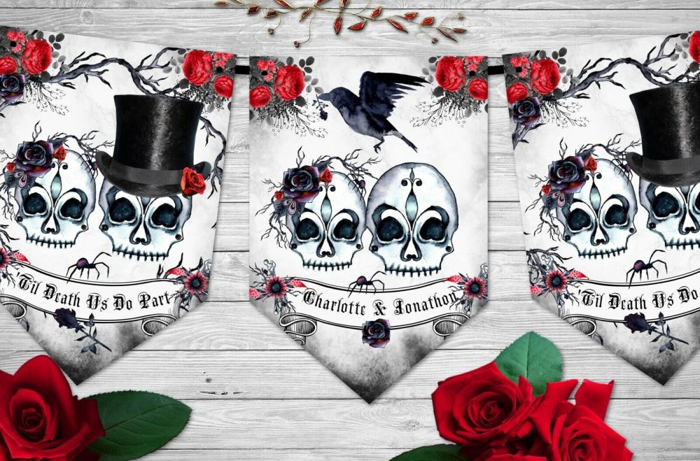 Personalised Gothic Skulls Wedding Halloween Bunting/Banner & Ribbon