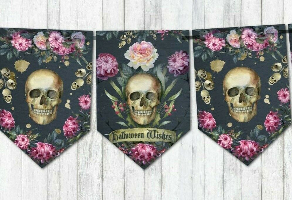 Floral Gothic Halloween Wishes Skeletons Bunting Party Decoration & Ribbon