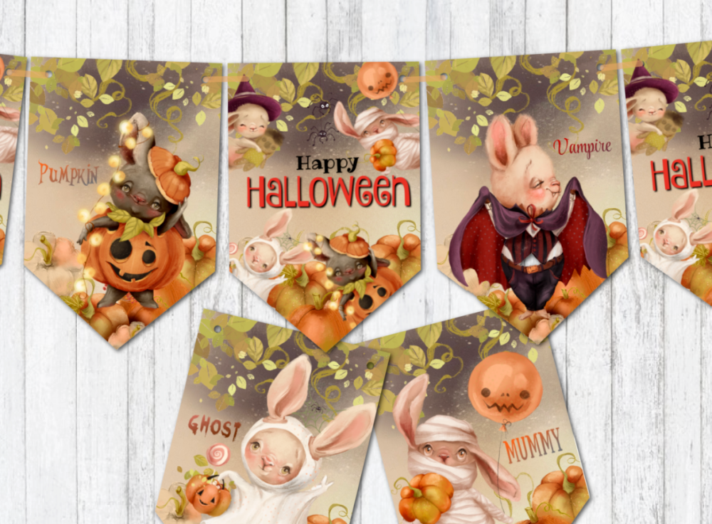 Fancy Dress Bunnies & Pumpkins Halloween Bunting Party Decoration & Ribbon