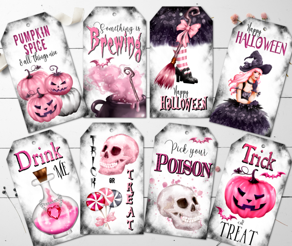 8 Halloween Tags Pink Witches & Pumpkins with Ribbon