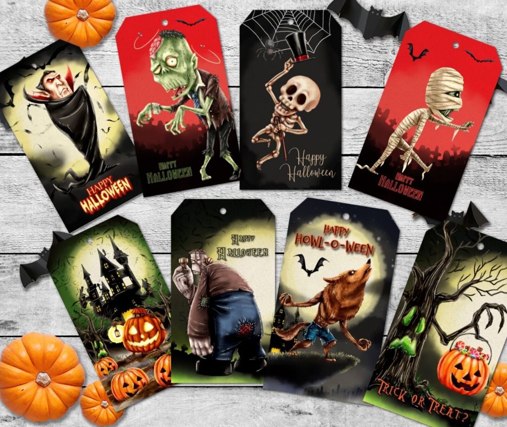 8 'Spooktakular' Happy Halloween Trick or Treat Pumpkins & Monsters Gift Ta