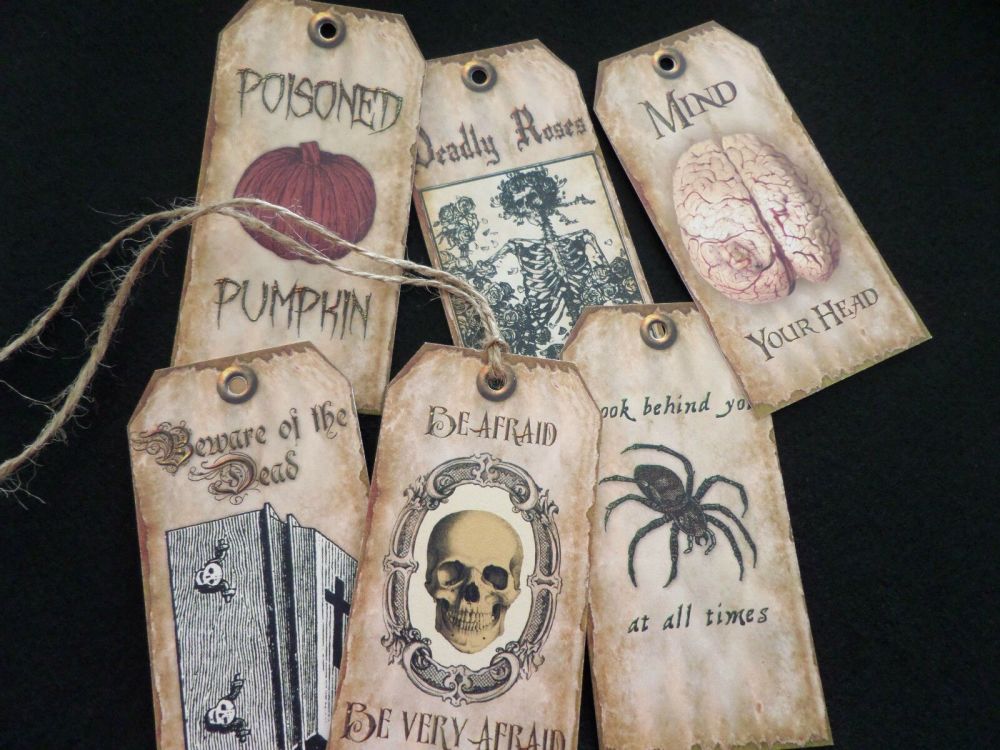 6 Halloween/Horror Themed Vintage Style Gift Tags