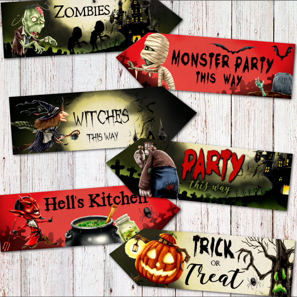 6 Halloween 'Spooktakular' Witches Vampires & Monster Party Arrow Decor Sig