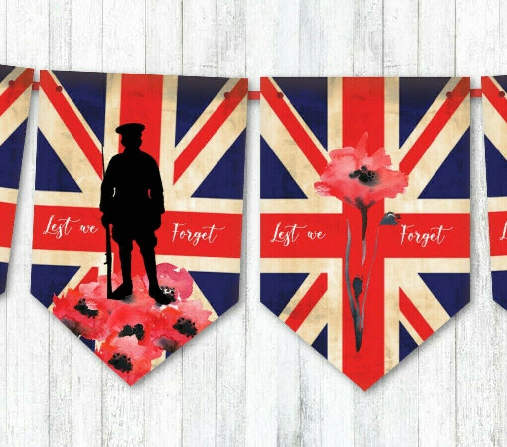 Remembrance Day Poppy 'Lest We Forget' Armed Forces Union Jack Bunting & Ri