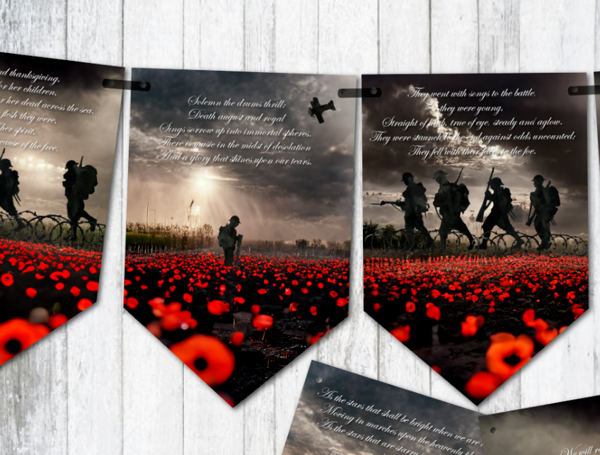 Remembrance Day Poppy 'For The Fallen' Full Poem Armed Forces Bunting & Ribbon