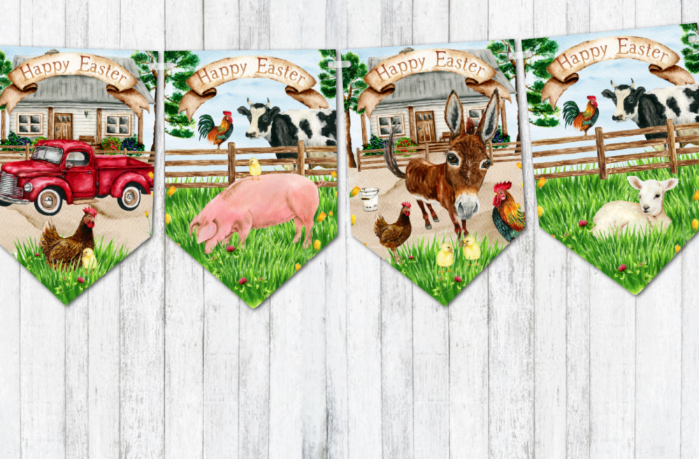 Happy Easter Farmyard Animals Bunting & Ribbon Decoration
