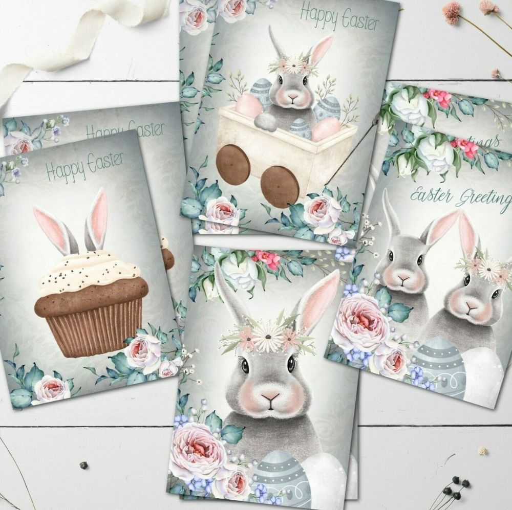 8 Cute Grey Easter Bunny ATC Card Making Tags Embellishments