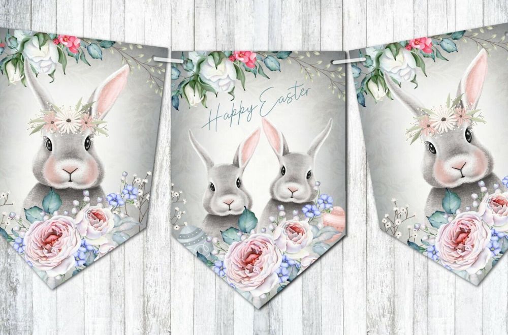 Easter Bunny Floral Pink & Grey Bunting & Ribbon Decoration
