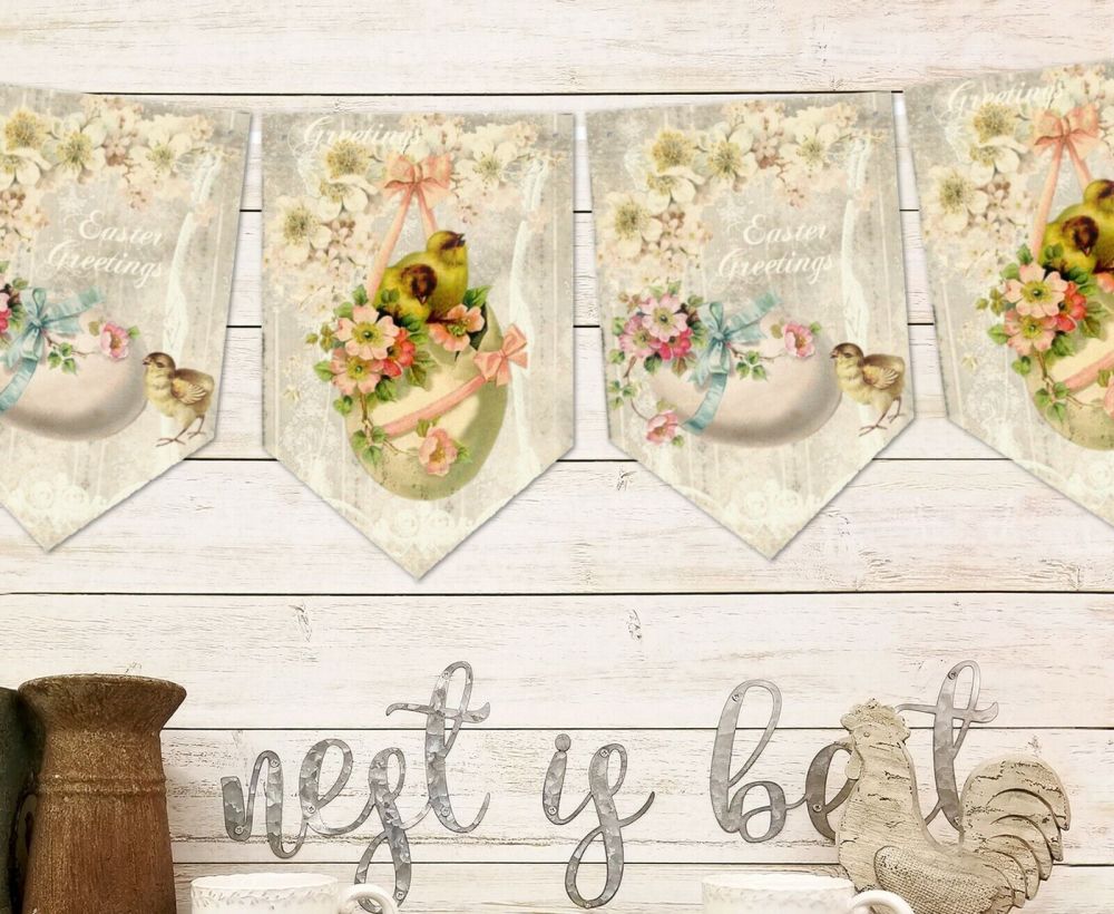 Vintage Victorian Style Easter Chick Cream Floral Bunting & Ribbon