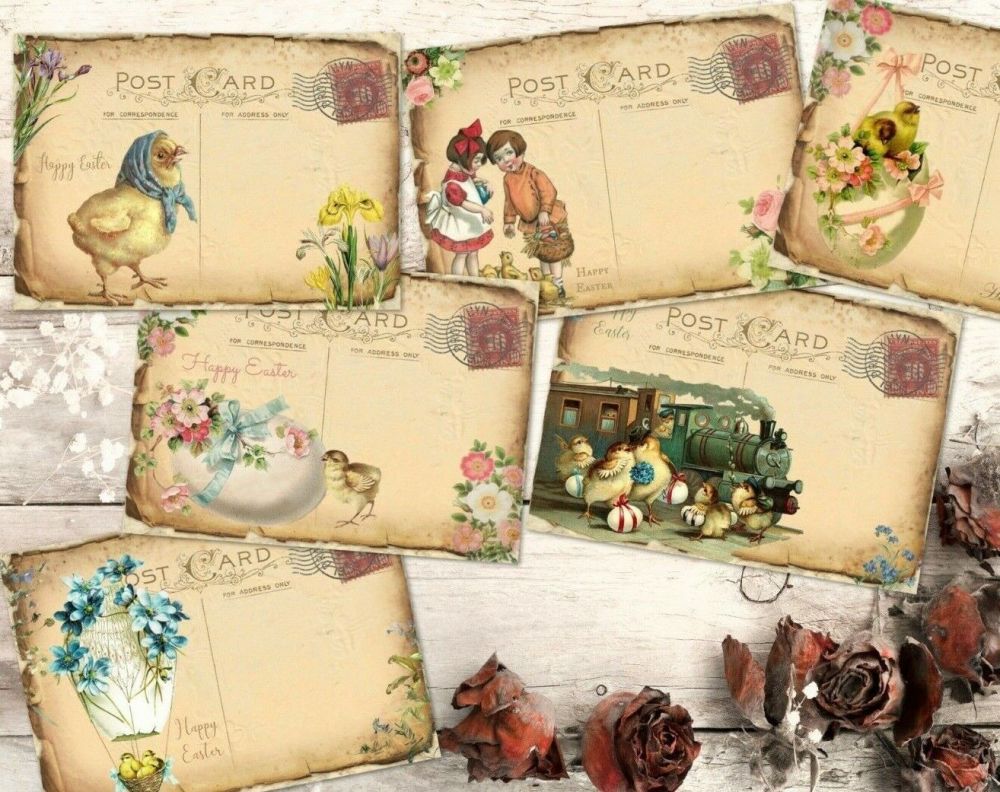 6 Easter Chick Victorian Image Vintage Style Tatty Post Cards