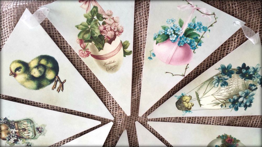 2m Vintage Style Easter Bunting/Banner with Cream Organza Ribbon
